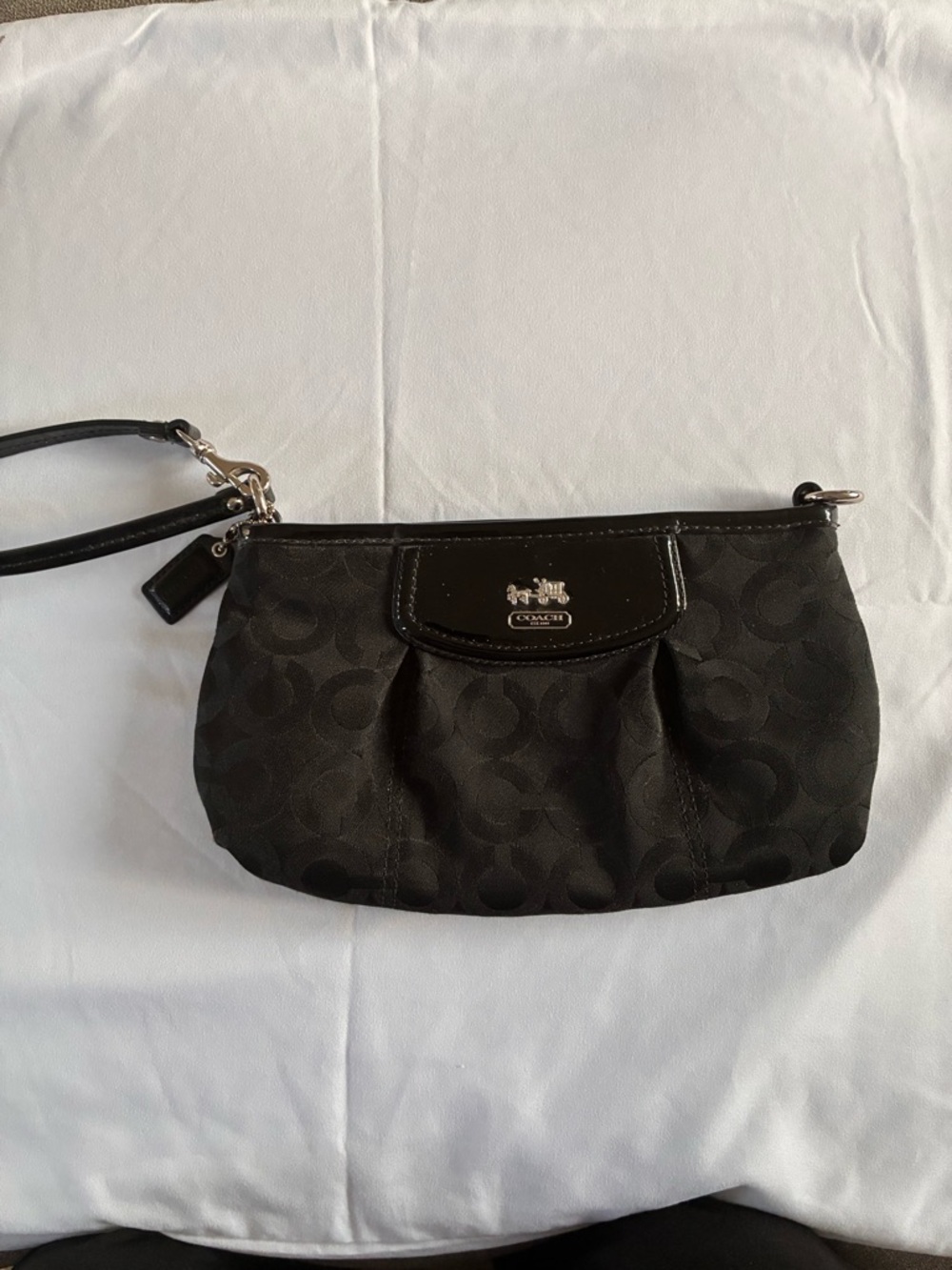 Coach Black Signature Wristlet Pouch with Logo Plaque